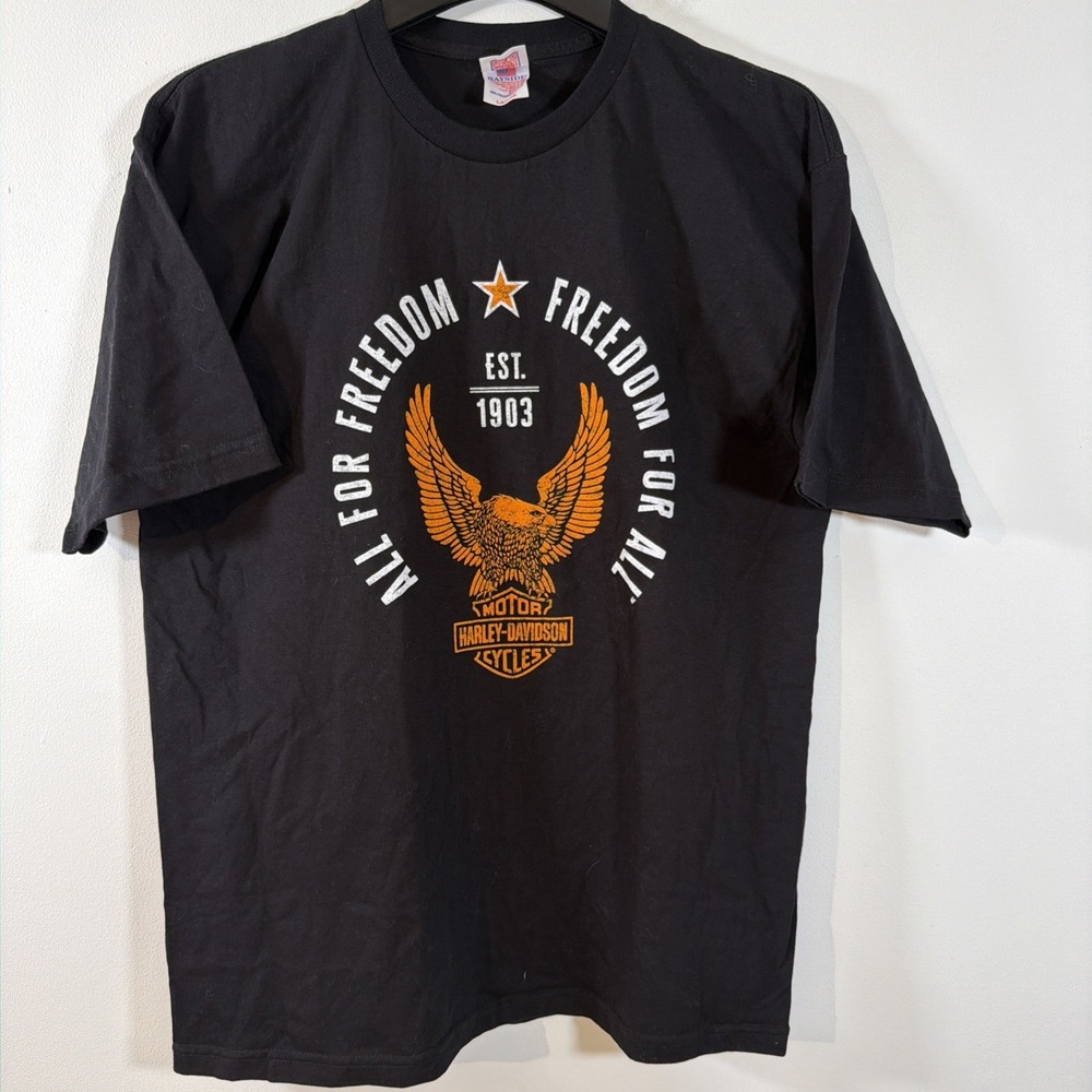 Harley Davidson All for Freedom Black Tee T‎ Shirt Size Large USA Eagle Biker